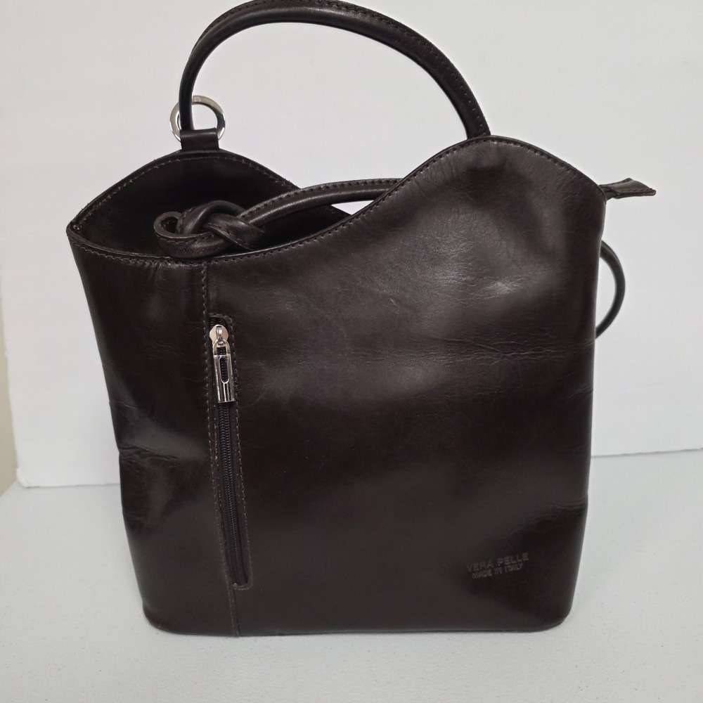 Vera Pelle Italian Leather Backpack Purse Medium Brown Luxe Capsule Minimalist